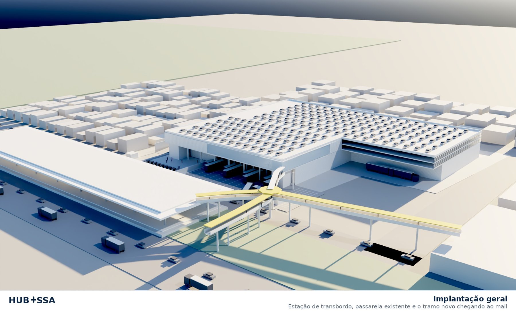 Vista aérea do HUB-SSA — implantação geral com galpão logístico, mall e passarela chegando ao nível +9,00